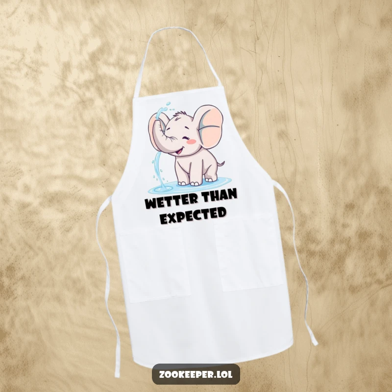Funny elephant apron showing a happy elephant playfully spraying water from its trunk, a humorous kitchen companion for cooking.