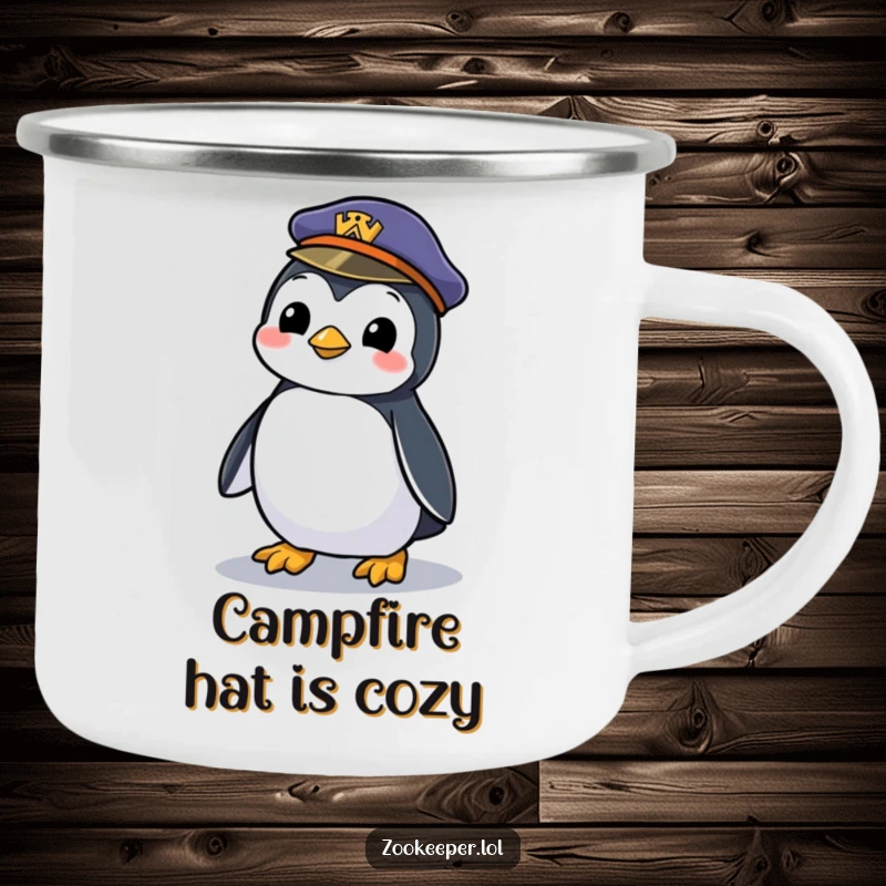 Funny camping mug with a mischievous penguin waddling with a zookeeper's forgotten hat, ready for outdoor fun and a laugh.