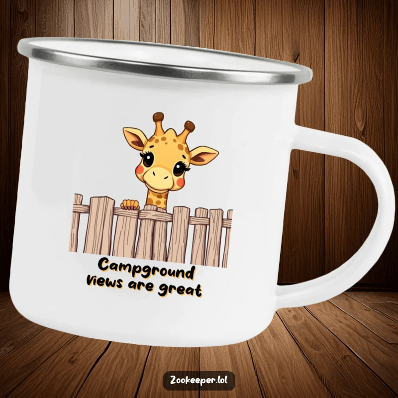 Funny giraffe camping mug showing a cheerful giraffe curiously peering over a high fence, ready for outdoor exploration.