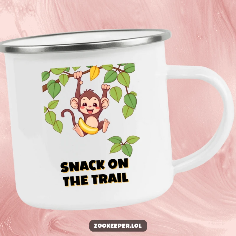 Funny monkey camping mug showing a mischievous monkey swinging from a vine, holding a banana, ready for outdoor fun.
