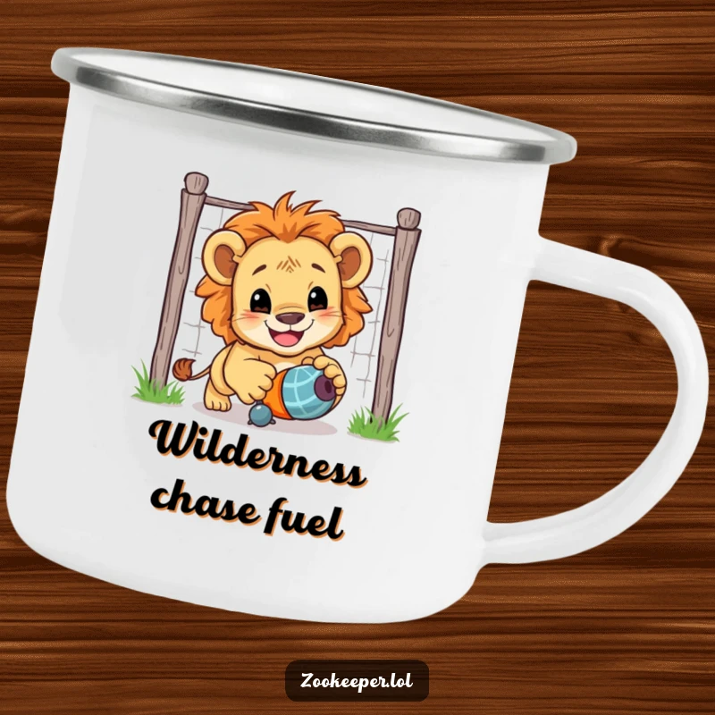 Funny Lion Cub Camping Mug: A smiling lion cub chases a toy toy, perfect for outdoor excursions and a touch of humor.