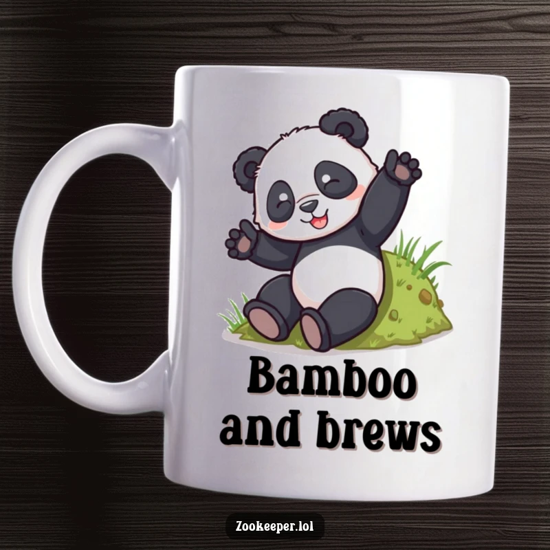 Funny Panda Mug: A playful panda happily tumbles down a small grassy hill, embodying carefree joy.