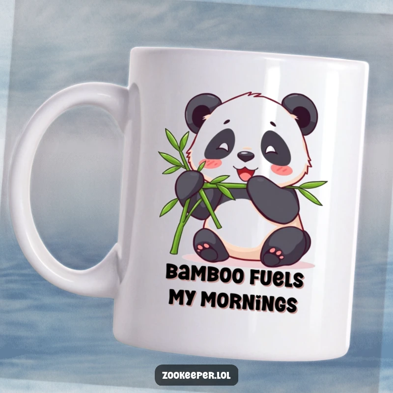Funny mug depicting a contented panda happily munching bamboo offered by a keeper, showcasing peaceful enjoyment and zoo life.
