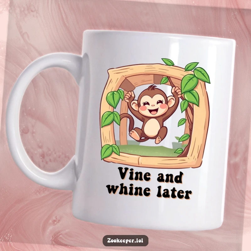 Funny Monkey Mug: A cheerful monkey happily swings from a vine in a vibrant enclosure, radiating pure joy.