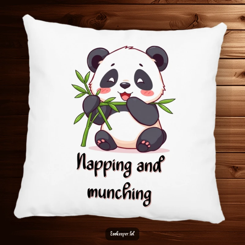Funny pillow with a contented panda happily munching bamboo offered by a keeper, offering comfort and a peaceful, humorous scene.