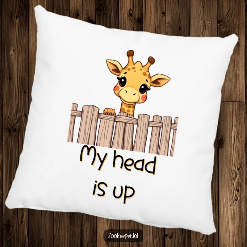 Funny giraffe pillow with a cheerful giraffe curiously looking over a high fence, a soft and amusing decorative piece.