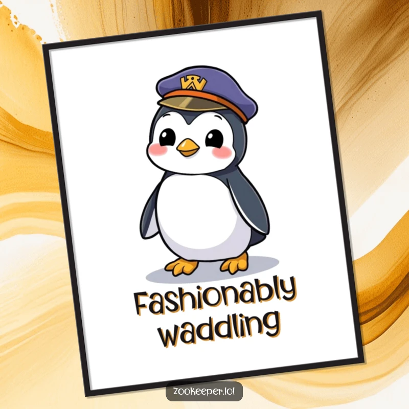 Funny digital art print of a mischievous penguin waddling with a zookeeper's forgotten hat, bringing a playful, humorous, and charming atmosphere.