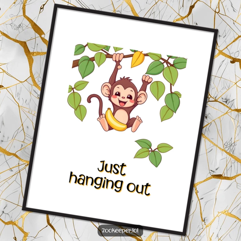 Funny monkey digital art print of a mischievous monkey swinging from a vine, holding a banana, a vibrant and energetic image.
