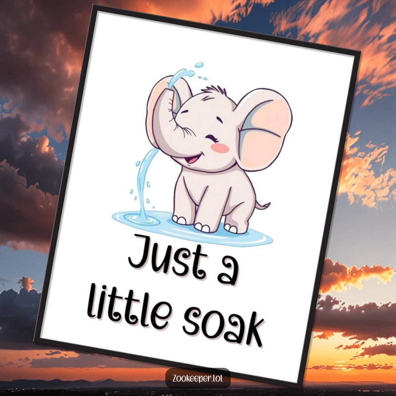 Funny elephant digital art print of a happy elephant joyfully spraying water from its trunk, capturing a moment of pure fun.