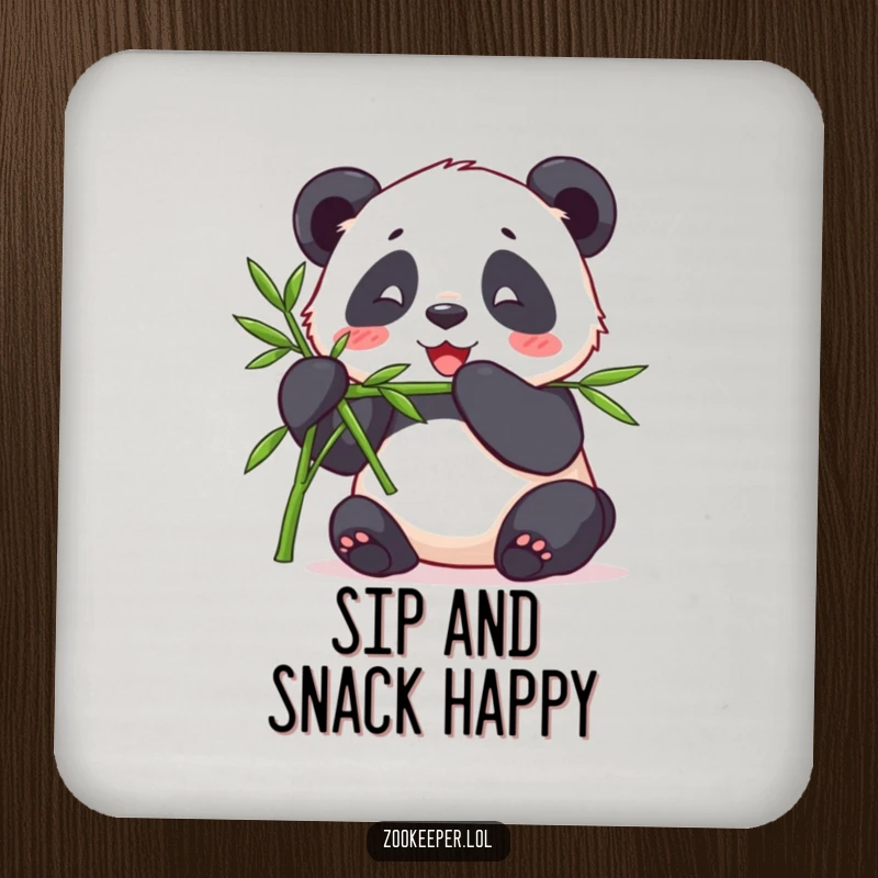 Funny drink coaster featuring a contented panda happily munching bamboo offered by a keeper, adding gentle humor and protection.