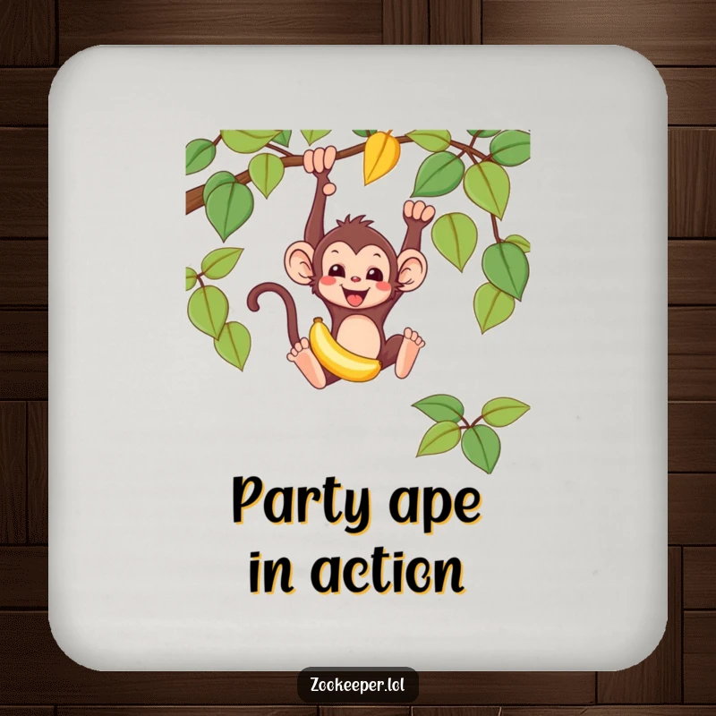 Funny monkey drink coaster with a mischievous monkey swinging from a vine, holding a banana, a humorous surface protector.