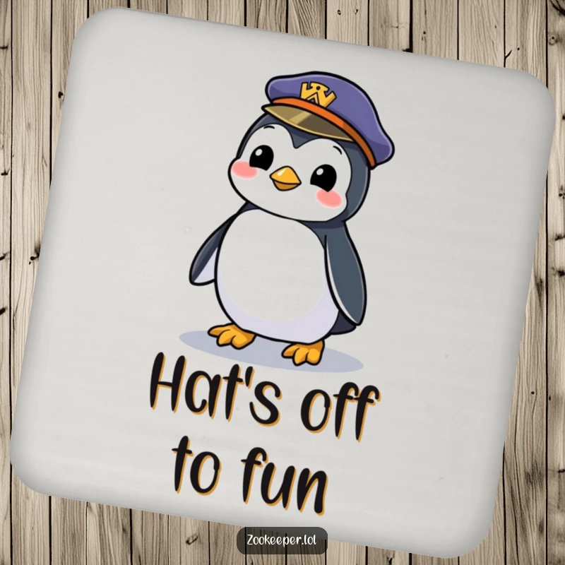 Funny drink coaster featuring a mischievous penguin waddling with a zookeeper's forgotten hat, adding playful humor and protection.