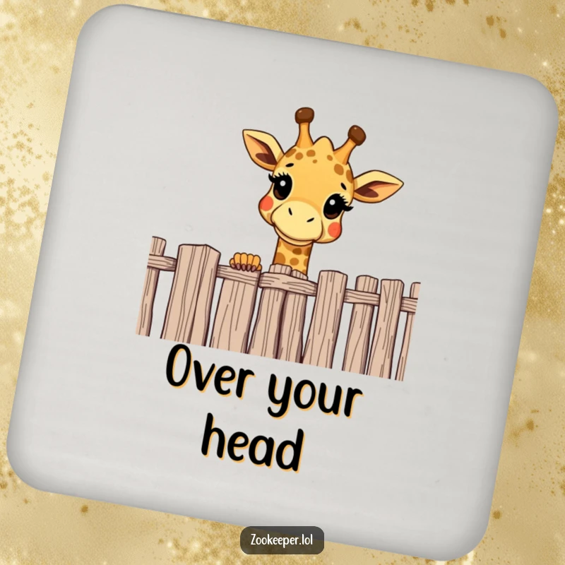 Funny giraffe drink coaster with a cheerful giraffe curiously peering over a high fence, a humorous surface protector.