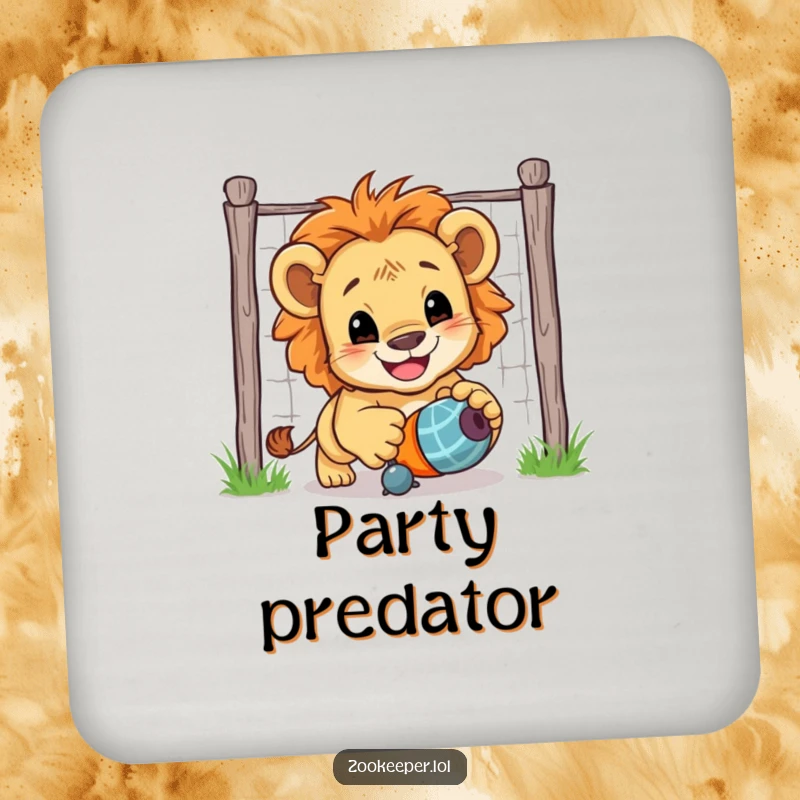 Funny Lion Cub Coaster: A smiling lion cub chases a toy toy, offering a protective and humorous touch to your surfaces.