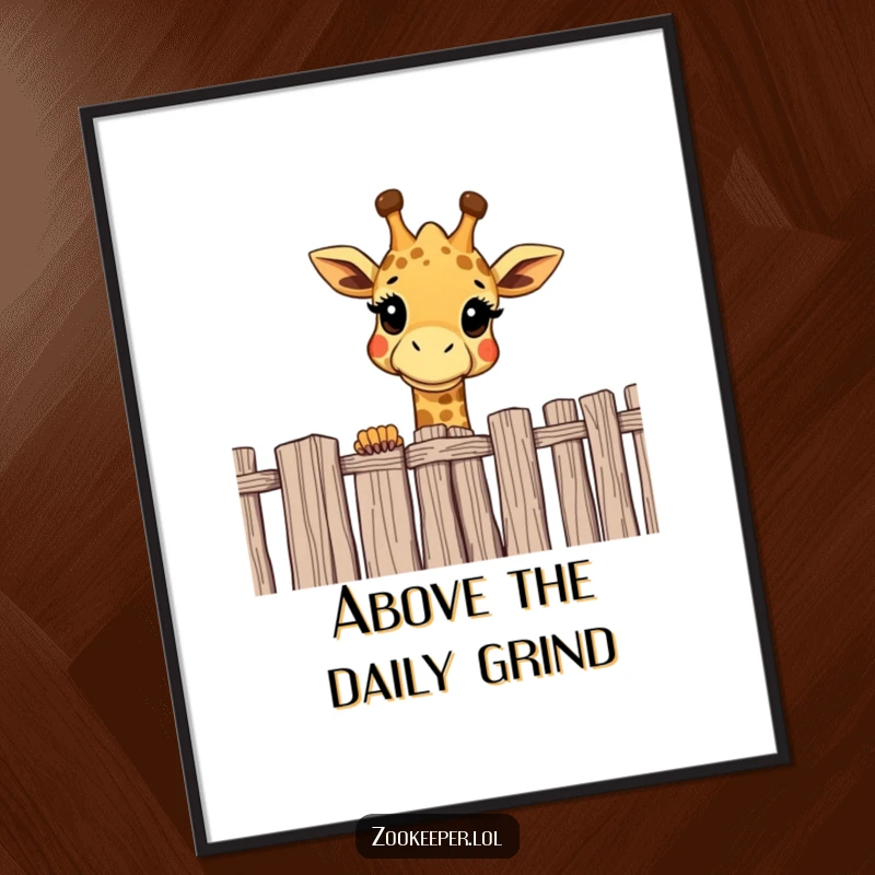 Funny giraffe poster of a cheerful giraffe curiously peering over a high fence, a charming and whimsical wall accent.