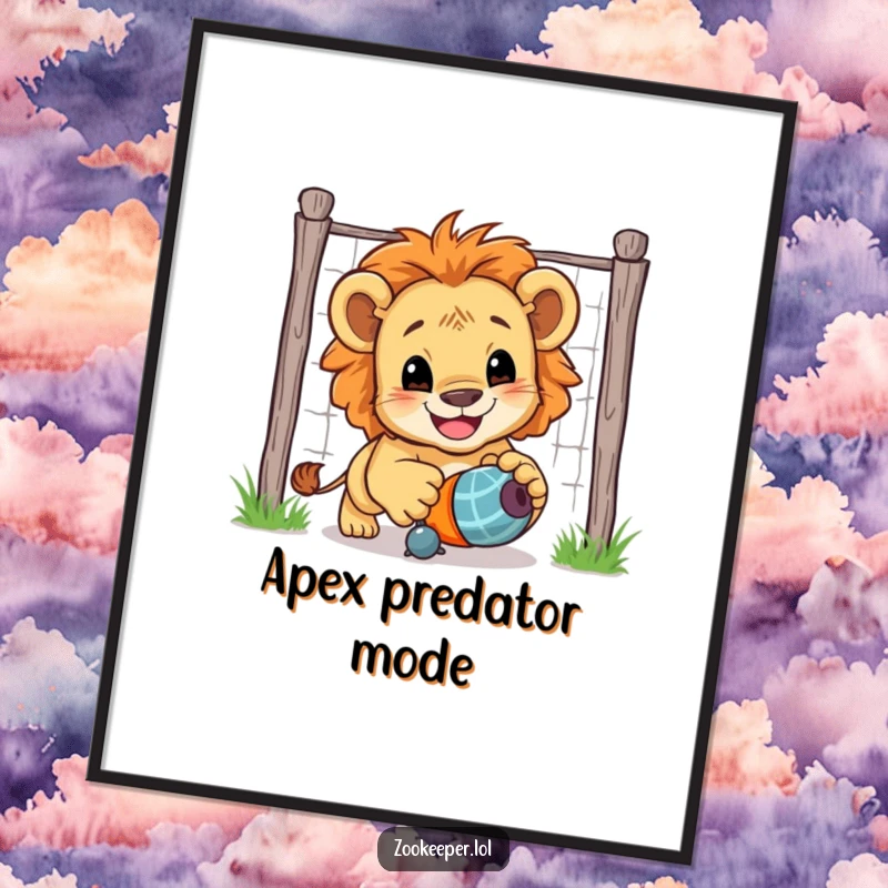 Funny Lion Cub Poster: A smiling lion cub enthusiastically chases a toy toy, creating a lively and humorous scene.