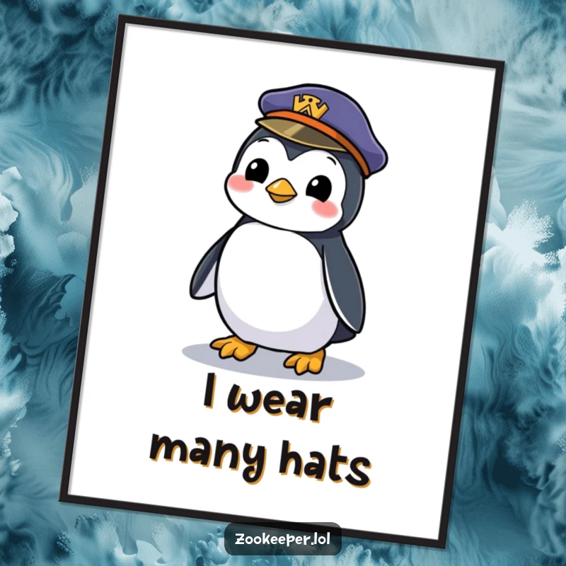 Funny poster art of a mischievous penguin waddling with a zookeeper's forgotten hat, adding a playful and humorous vibe to decor.