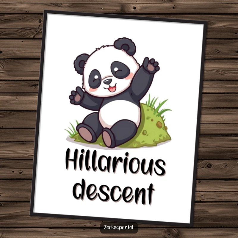 Funny Panda Tumble Poster: A playful panda is captured mid-tumble down a grassy hill, embodying pure, uninhibited fun.