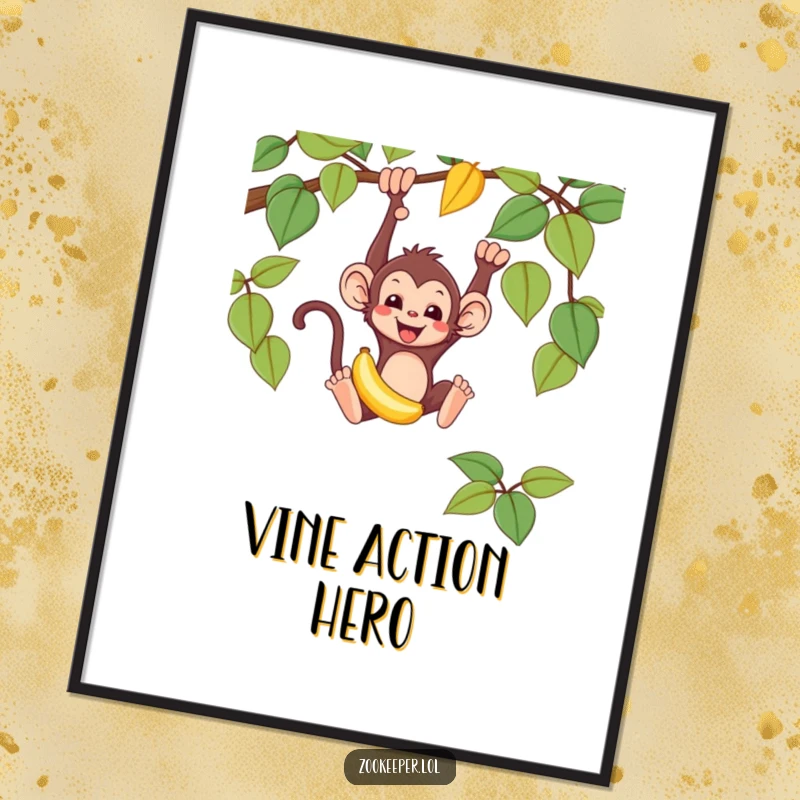 Funny monkey poster of a mischievous monkey swinging from a vine, holding a banana, a vibrant and energetic wall accent.