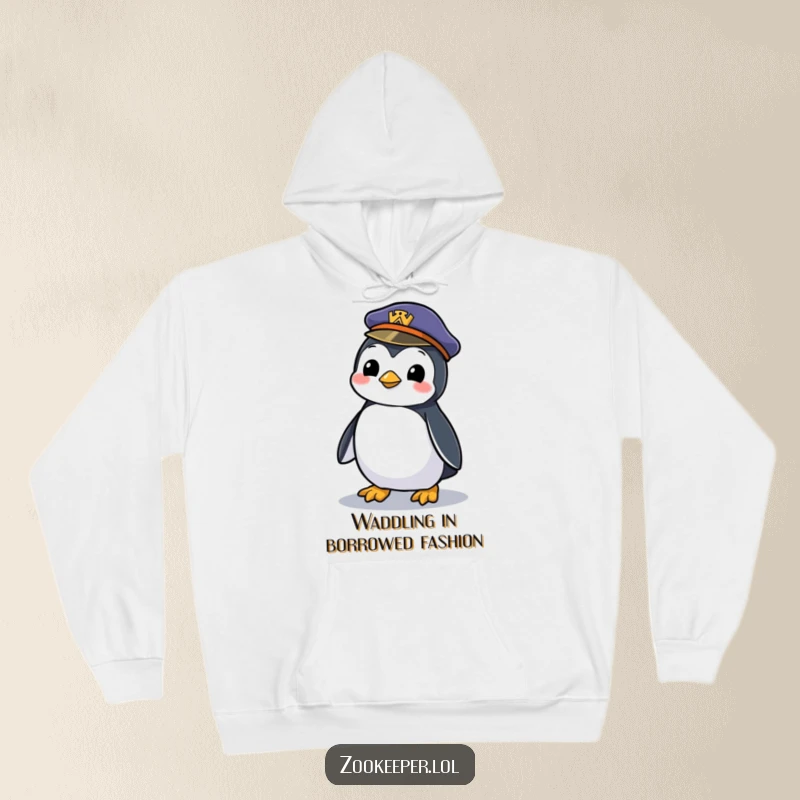 Funny hoodie illustrating a mischievous penguin waddling with a zookeeper's forgotten hat, offering warmth and a humorous scene.