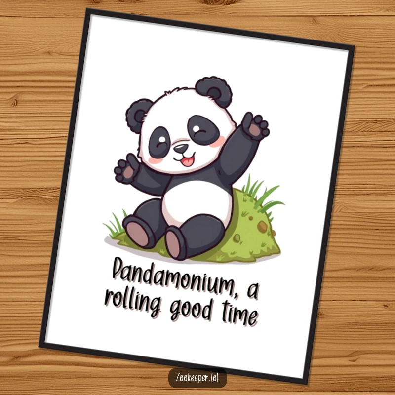 Funny free printable wall art: A playful panda tumbles head over heels down a grassy hill, creating a charming and humorous visual.