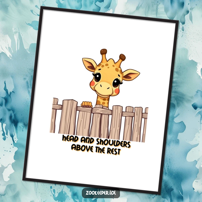 Funny Free Printable Wall Art: Cheerful giraffe curiously peering over a high fence, a curious downloadable decor.
