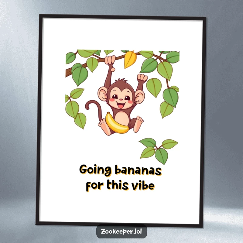 Funny Free Printable Wall Art: Mischievous monkey swinging from a vine with a banana, a fun downloadable decor.