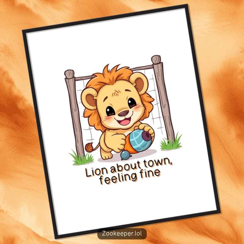 Funny free printable wall art: A smiling lion cub joyfully chases a toy, creating a dynamic and heartwarming piece of downloadable art.