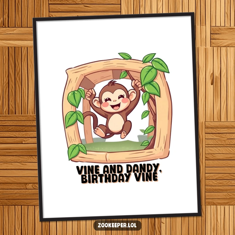 Funny free printable wall art: A happy monkey performs acrobatics on a vine, adding a vibrant and humorous touch to any room.