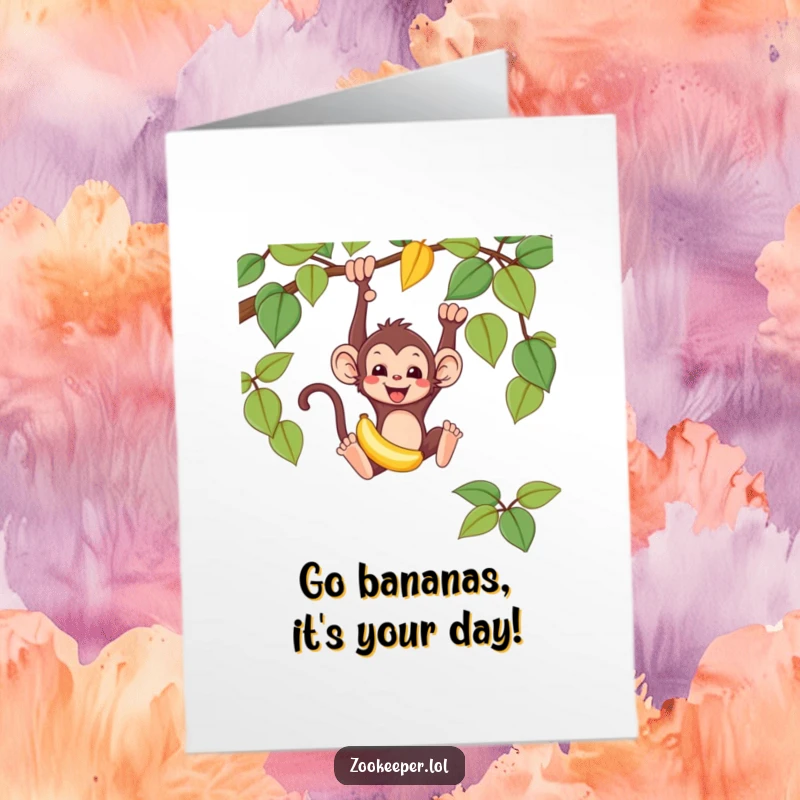 Funny Free Printable Birthday Card: Mischievous monkey swinging with a banana, a hilarious downloadable gift.