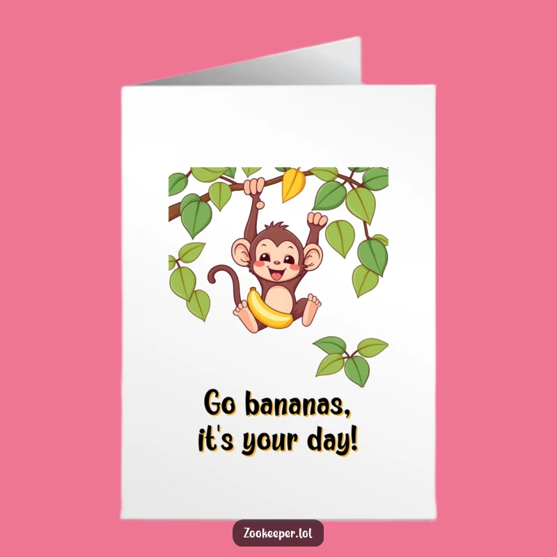 Free Printable Birthday Card: Monkey Swinging with Banana for a Funny Downloadable Gift