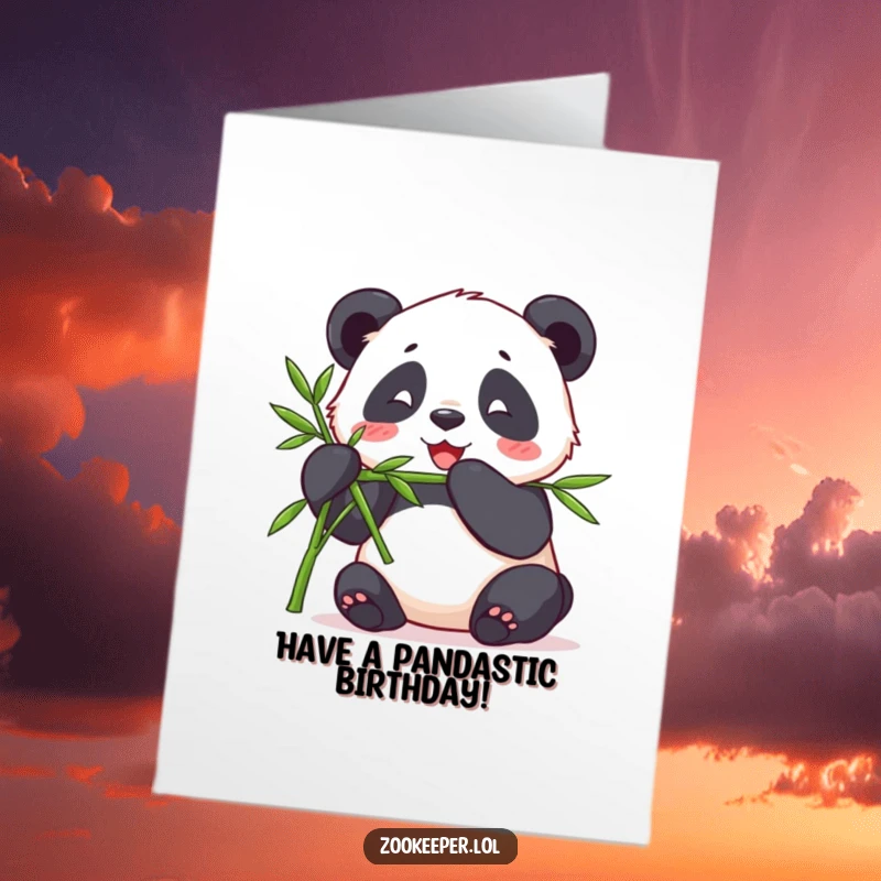 Funny Free Printable Birthday Card: A contented panda happily munches bamboo offered by a keeper.