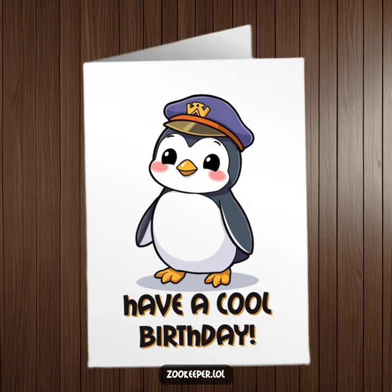 Funny Free Printable Birthday Card: A mischievous penguin waddles off with a zookeeper's hat.