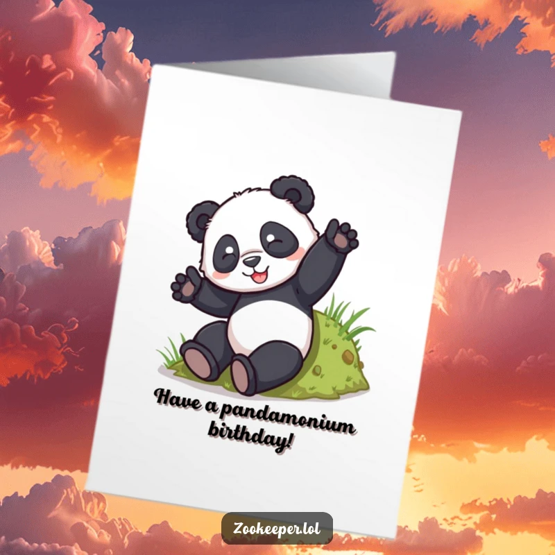 Funny free printable birthday card: A playful panda happily tumbles down a hill, embodying pure birthday joy and carefree fun.