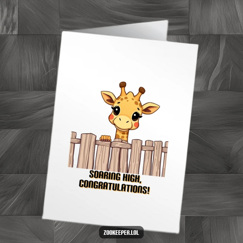 Funny Free Printable Congrats Card: Cheerful giraffe curiously peeking over a fence, a celebratory downloadable gift.