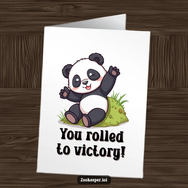Funny free printable congratulations card: A playful panda rolls down a hill, expressing delight and amusement at a successful outcome.