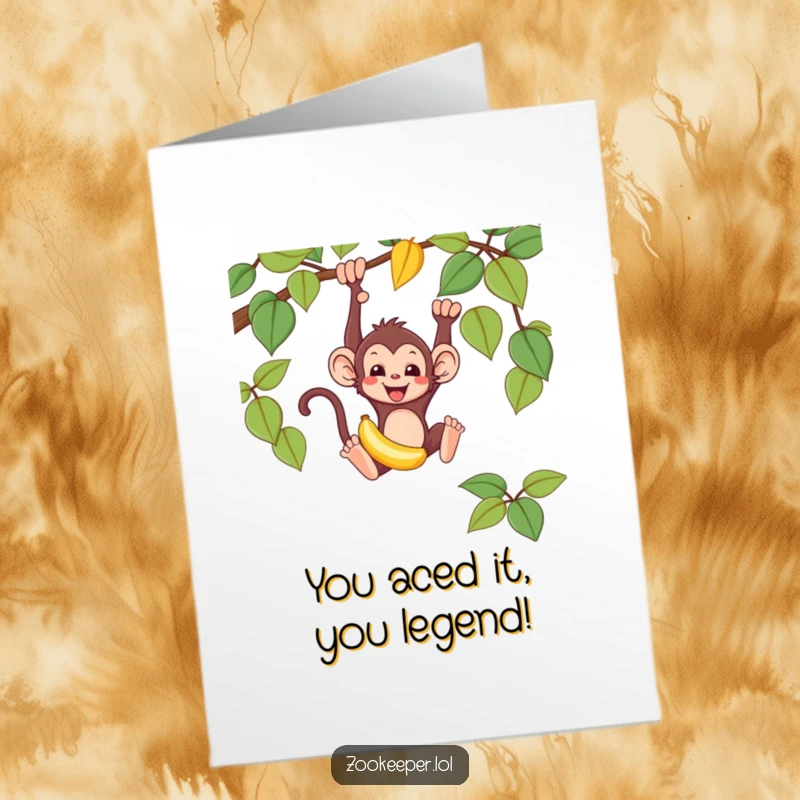 Funny Free Printable Congrats Card: Mischievous monkey swinging and holding a banana, a celebratory downloadable gift.