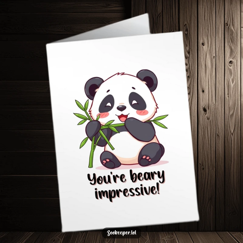Funny Free Printable Congratulations Card: A content panda peacefully munches bamboo from a zookeeper.