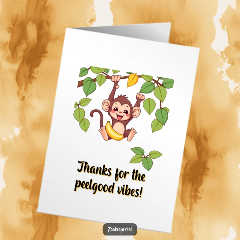 Funny Free Printable Thank You Card: Mischievous monkey swinging with a banana, a thankful downloadable gift.