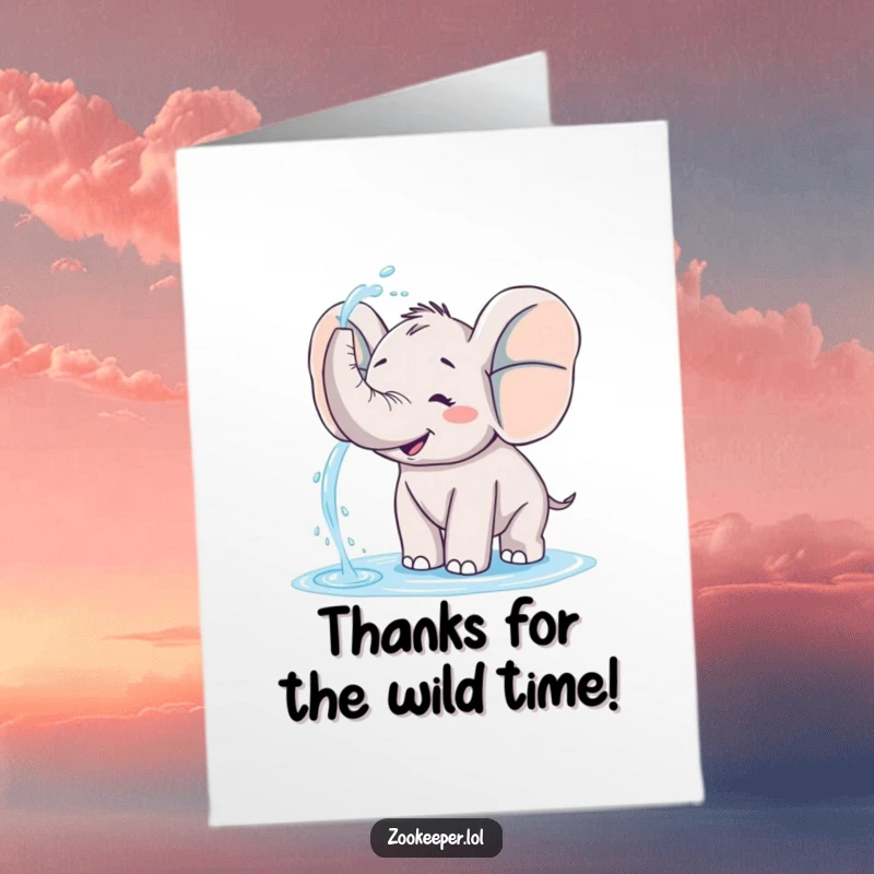 Funny Free Printable Thank You Card: Happy elephant spraying water, a delightful downloadable gift to express gratitude.