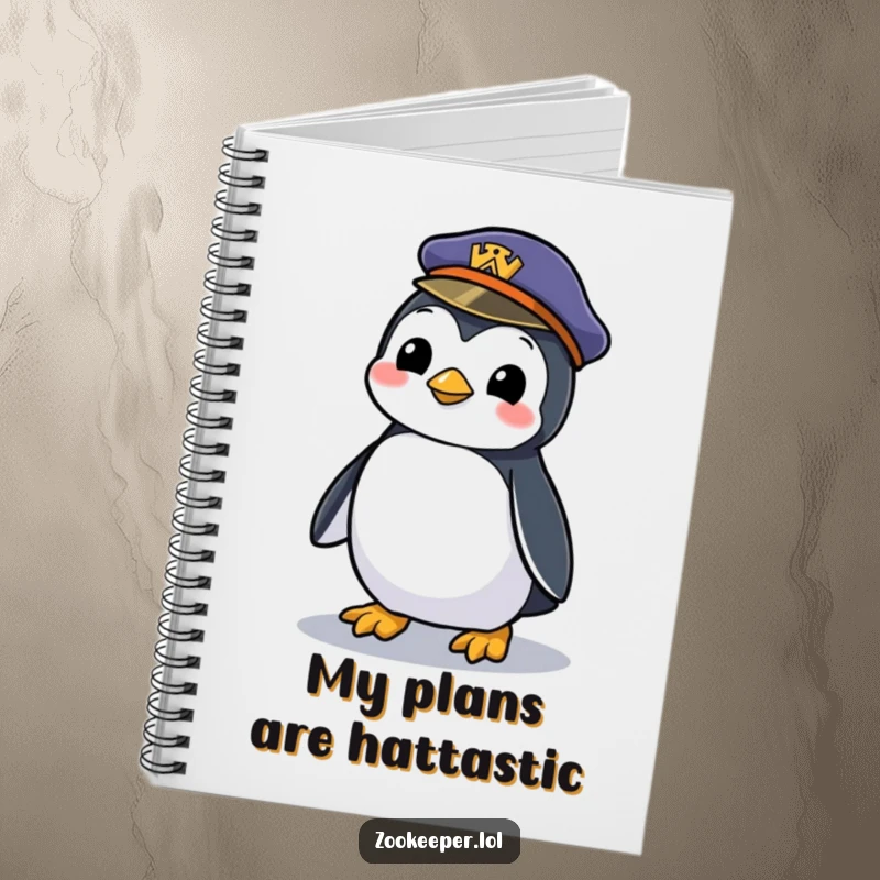 Funny notebook cover featuring a mischievous penguin waddling with a zookeeper's forgotten hat, perfect for capturing notes with a playful charm.