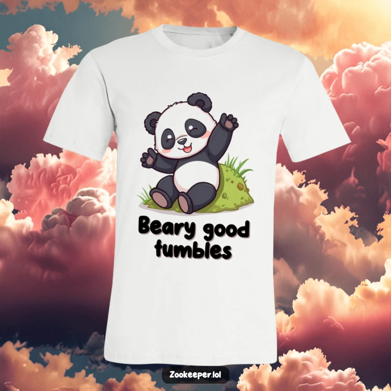 Funny Panda T-Shirt: A playful panda energetically tumbles down a grassy hill, showcasing pure joy and abandon.