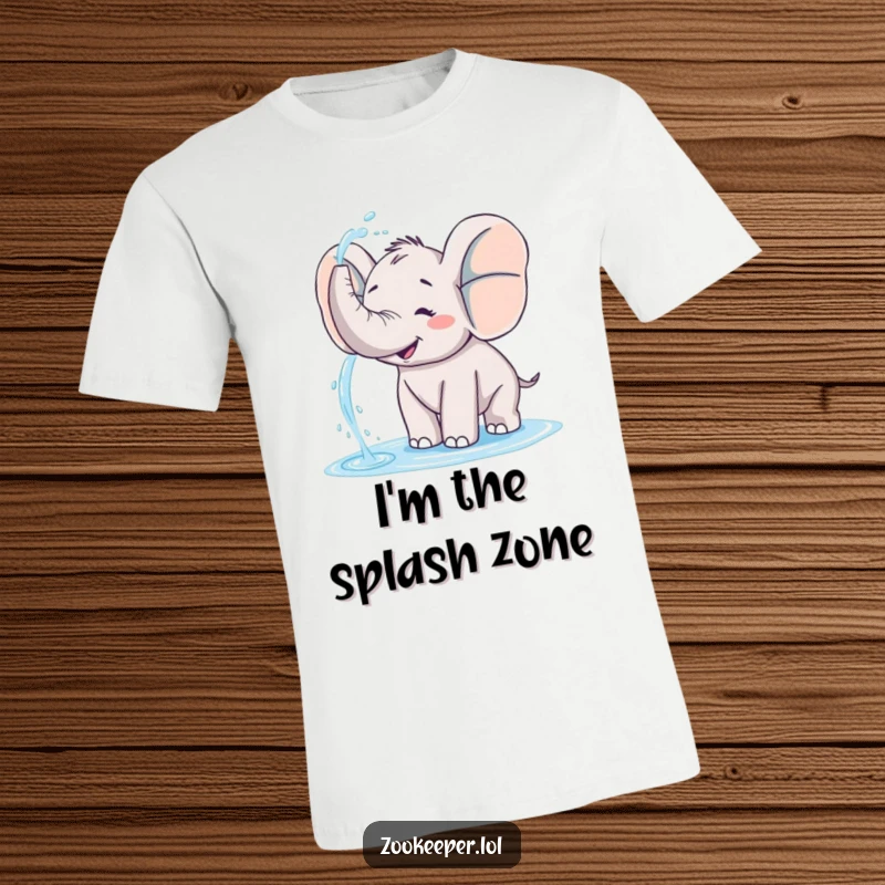 Funny elephant t-shirt showing a happy elephant playfully spraying water from its trunk, evoking pure joy and mischief.