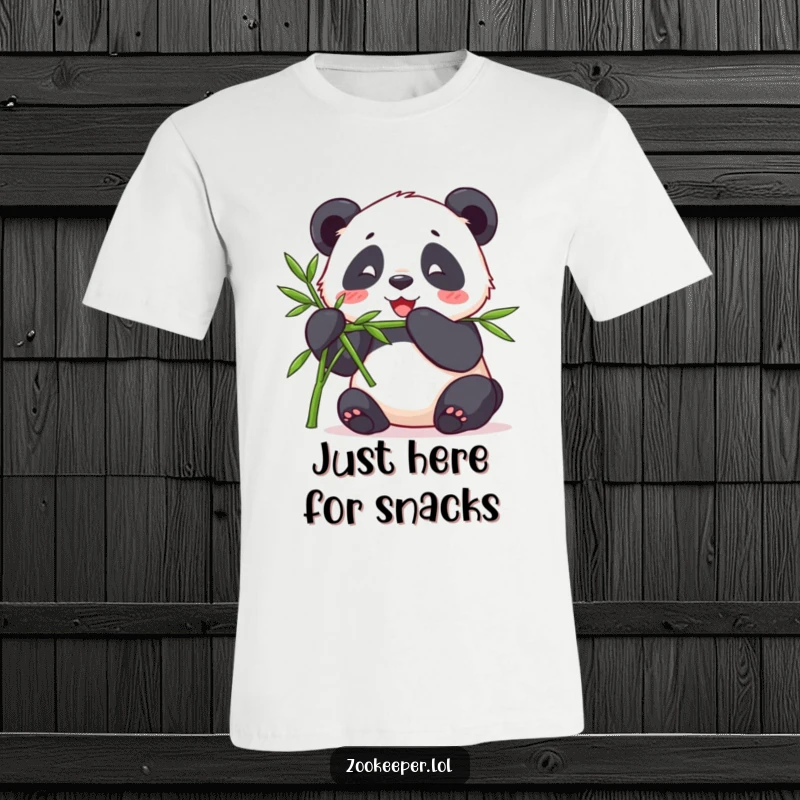 Funny t-shirt of a contented panda happily munching bamboo from a keeper, embodying peace and simple joys.