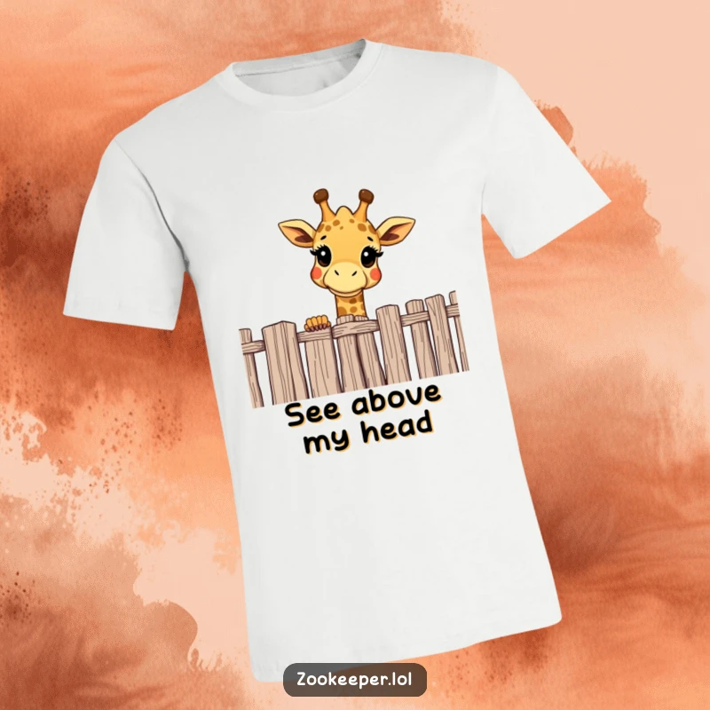 Funny giraffe t-shirt depicting a cheerful giraffe curiously peering over a high fence, a whimsical and engaging design.