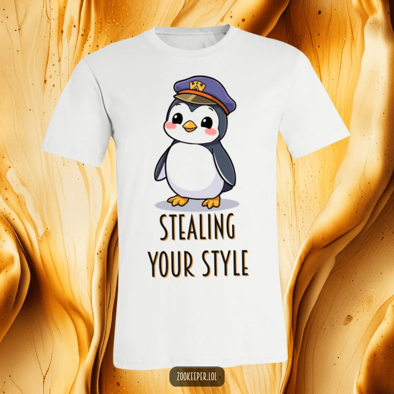 Funny t-shirt of a mischievous penguin waddling with a zookeeper's forgotten hat, embodying playful mischief and zoo charm.